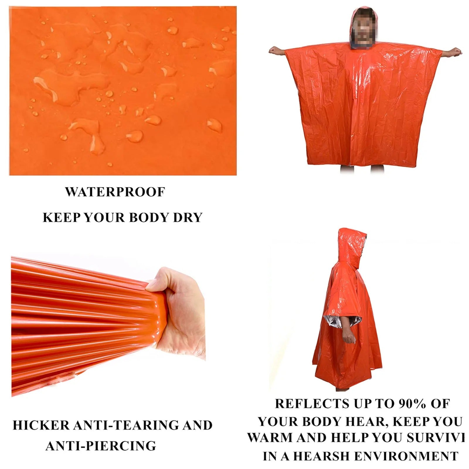 LIFE poncho Emergency Survival Rain Poncho Thermal Survival Space Blanket Raincoat Heat Reflective Waterproof for Camping Hiking
